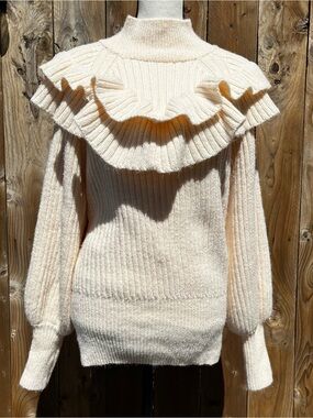 H&M Women’s Cream Ruffle Mock-Neck Ribbed Sweater / mini sweater dress